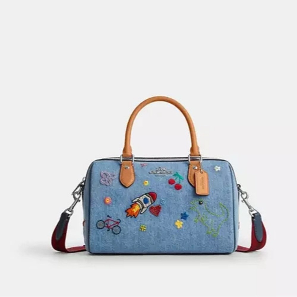 NWT Coach Denim Embroidered Rowan Satchel
